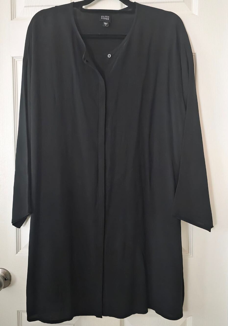 Eileen Fisher Black 100% Silk Georgette Crepe Shirt Dress Tunic Blouse Sz Large - Picture 1 of 6